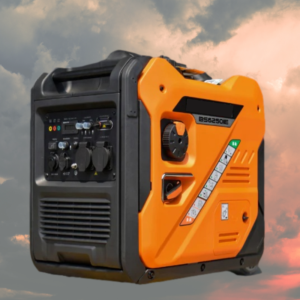 Portable orange and black inverter generator with control panel, gauges, and outlets for backup power use outside a cloudy sky backdrop.