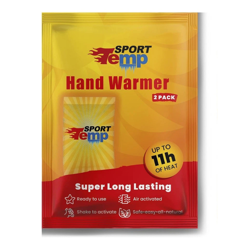 Two-pack hand warmer sachets in a yellow–red package labeled 'Hand Warmer' with 'Super Long Lasting'.