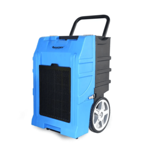 Blue portable space heater on wheels with a black handle and large front vent/grille.