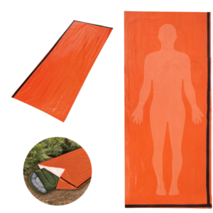 Orange emergency camping bivy/sleeping mat shown unfolded and rolled, with a large human silhouette on the surface.