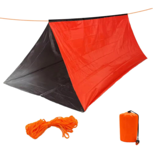 Orange and black triangular camping tent with bundled rope and a small carrying bag.