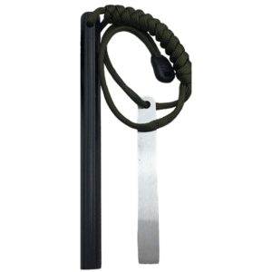Paracord-wrapped loop attached to a flat metal blade tied around a vertical black handle; a survival or utility knife setup.