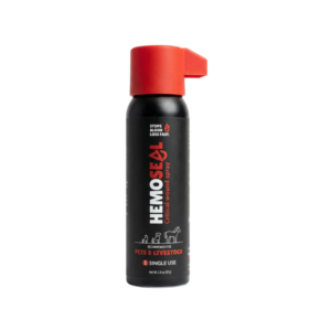 Hemoseal critical wound spray for pets and livestock in a black bottle with a red no-slip cap and nozzle cap, stops blood loss fast (single use).