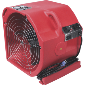Red portable blower with a circular metal guard over the fan, built-in side control panel, and a coiled power cord.