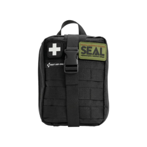 Black tactical first aid pouch with MOLLE straps and a white medical cross patch.