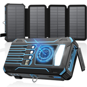 Rugged blue-and-black portable solar power bank with four fold-out panels and USB ports, showing a digital display.