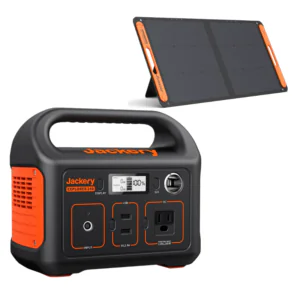 Jackery Explorer 240 portable power station with orange accents and a built-in handle, shown with a folding solar panel above it.