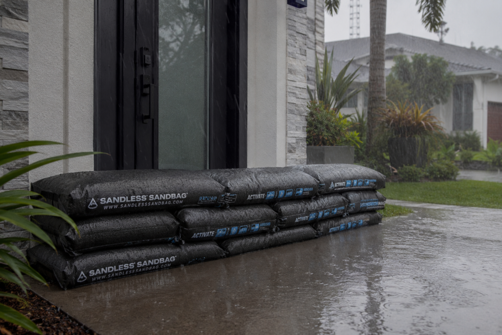Sandless sandbags protecting a Florida home from flood water