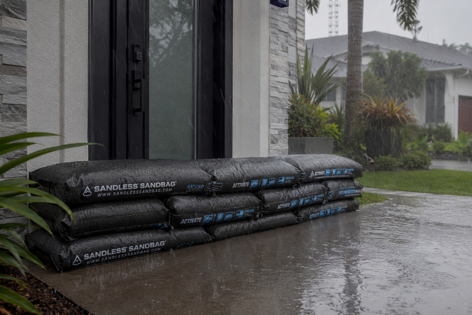 Sandless sandbags protecting a Florida home from flood water
