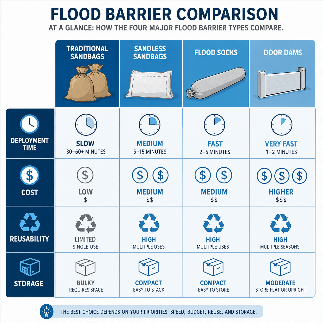 Infographic comparing four flood barrier types across cost, speed, and reusability