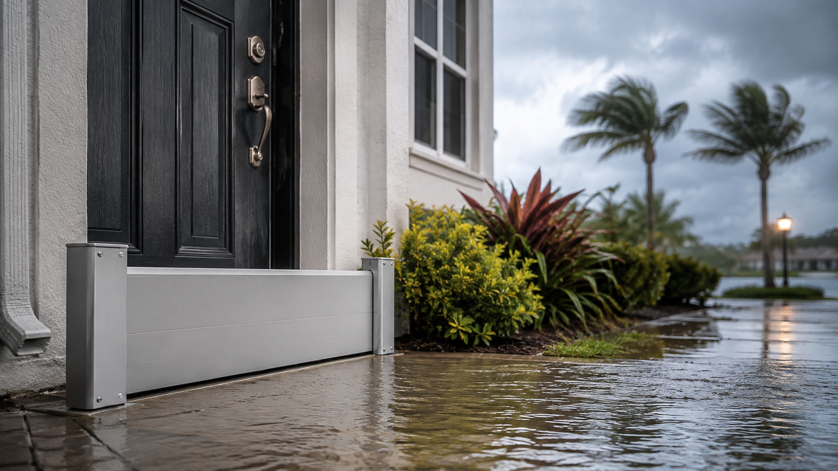 Flood barrier installed across a Florida home's front door during a storm