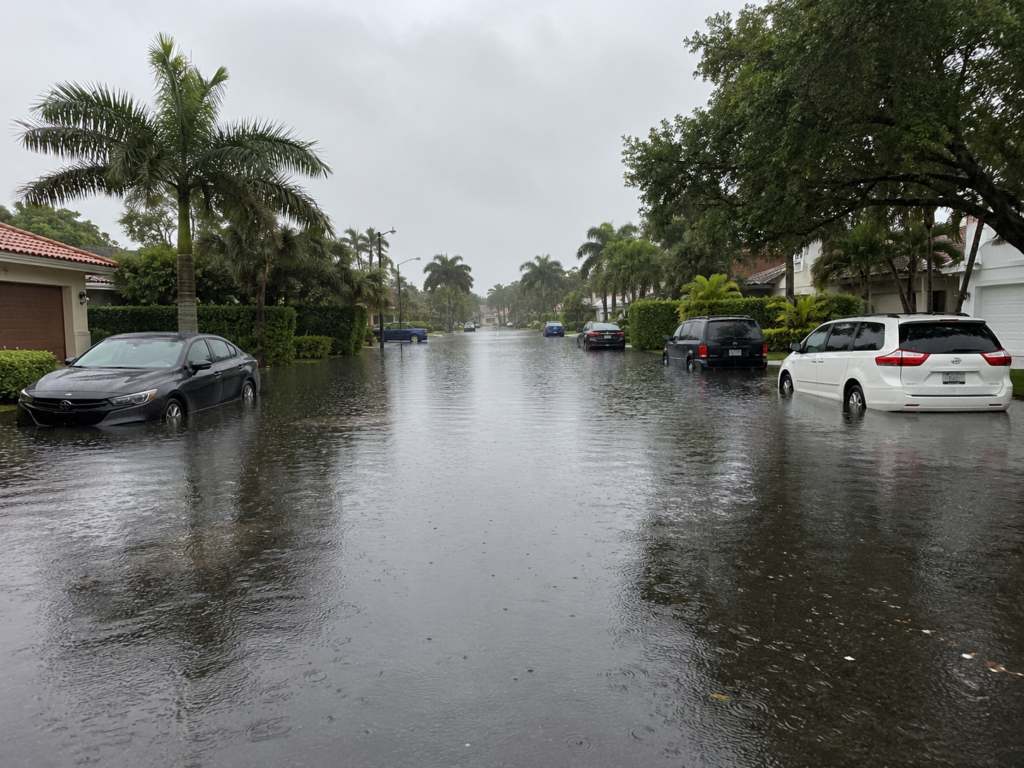 Flooded Florida residential street after heavy rainfall